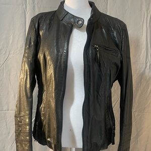 Black leather moto jacket.